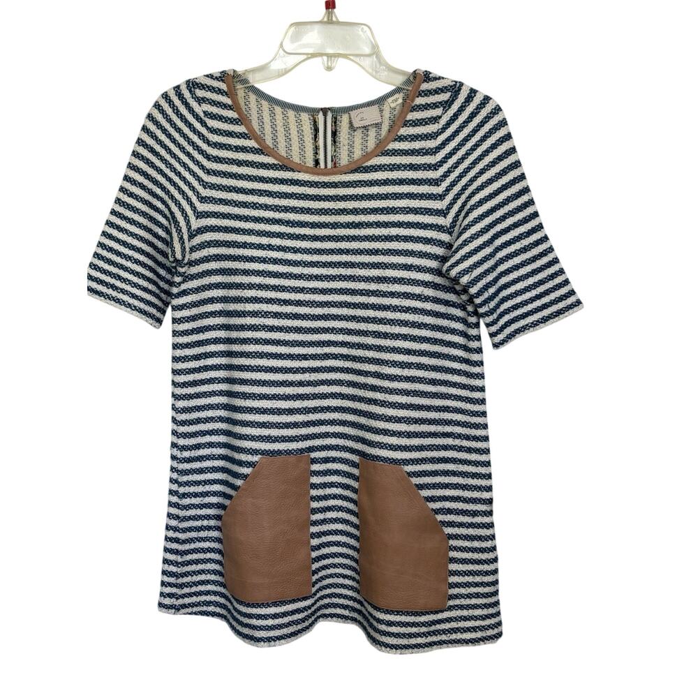Anthropologie Postmark Blue Striped Short Sleeve Top XS Faux Suede Pockets